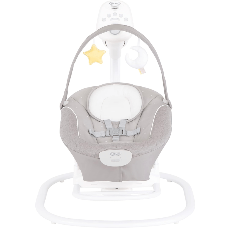 Redefining relaxation, the Graco® SoftSway has it all, including new, patented motor technology precisely perfected to provide peace and quiet. Whether your little one is swinging in their own happy space or tagging along with you as you move about your place, this 2-in-1 swing and rocker has every comforting feature to create a true soothing sensation.